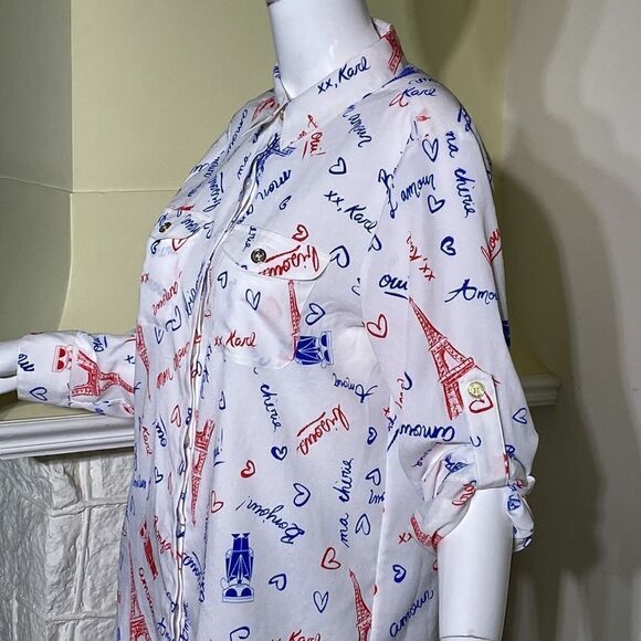 Karl Lagerfeld Paris Amour Red White &Blue Button Down Shirt - Picture 5 of 14